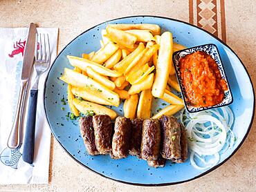 Typical local cevapcici grill plate, Sveti Grgur, Kvarner Gulf Bay, Croatia, Europe