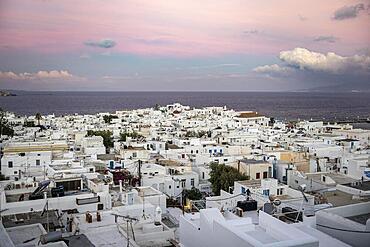 View over white Cycladic houses at sunrise, island and sea, Mykonos Town, Mykonos, Cyclades, Greece, Europe