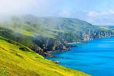 Sea Fret over Cliffs, Start Point Lighthouse, Trinity House and South West Coast Path, Devon, England, United Kingdom, Europe