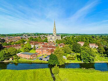 Aerial panorama of the city of Salisbury with Salisbury Cathedral and the River Avon, Salisbury Wiltshire, England, United Kingdom, Europe