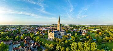 Aerial panorama of the city of Salisbury with Salisbury Cathedral, Salisbury Wiltshire, England, United Kingdom, Europe