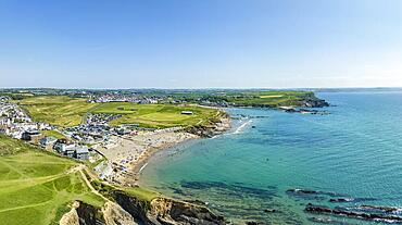 Aerial panorama of the coastline of Bude Bay with bathing beaches Crooklets Beach, Summerleaze Beach, far right Compass Point, Bude, North Cornwall, England, United Kingdom, Europe