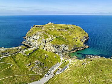 Aerial view of the rugged coastline on the Celtic Sea with the Tintagel Peninsula and the ruins of Tintagel Castle, North Cornwall, England, Great Britain