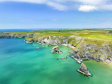 Aerial view of the Bedruthan Steps cliff formation, North Cornwall, England, United Kingdom, Europe