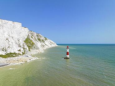 Aerial view of the chalk cliffs with Beachy Head lighthouse, South Downs, East Sussex, England, United Kingdom, Europe