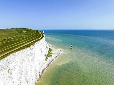 Aerial view of the chalk cliffs with Beachy Head lighthouse, South Downs, East Sussex, England, United Kingdom, Europe