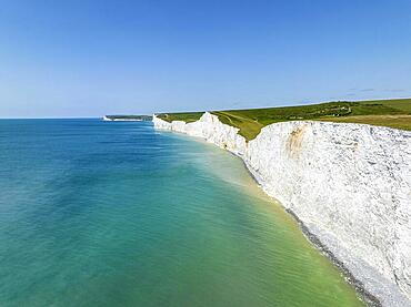 Aerial view of The Seven Sisters chalk cliffs, South Downs, East Sussex, England, United Kingdom, Europe