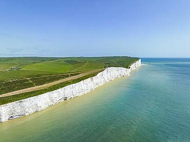 Aerial view of the chalk cliffs at Beachy Head, South Downs, East Sussex, England, United Kingdom, Europe