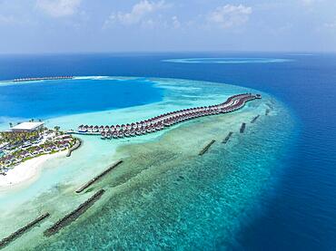 Aerial View, Maldives, North Male Atoll, newly built OBLU XPERIENCE Ailafushi Resort and the OBLU SELECT Lobigili Resort, Asia