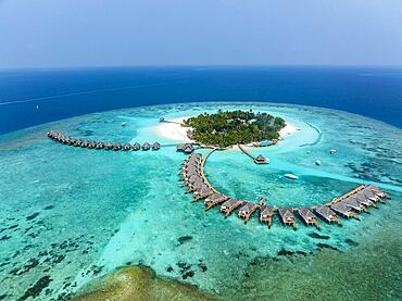 Aerial View, Maldives, North Male Atoll, Indian Ocean, Thulhagiri Island Resort with Water Bungalows, Asia