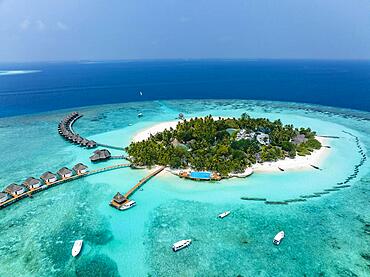 Aerial View, Maldives, North Male Atoll, Indian Ocean, Thulhagiri Island Resort with Water Bungalows, Asia