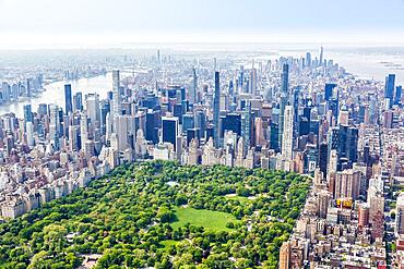 New York City skyline real estate Manhattan skyscrapers with Central Park aerial view in New York, USA, North America