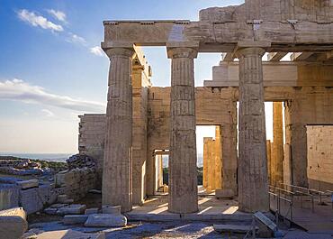 View of Propylaea entrance gateway from Acropolis, Athens, Greece against blue sky