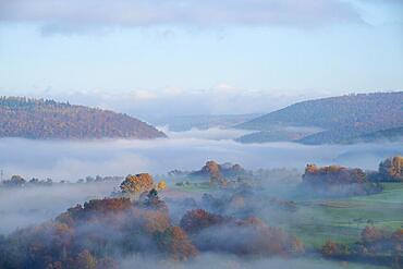 Landscape, forest, clouds, fog, autumn, Eschau, Spessart, Bavaria, Germany, Europe