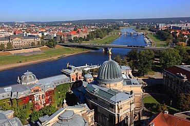 Art Hall and Lipsius Building, College of Fine Arts and the Elbe River, Dresden from above, Saxony, Germany, Europe