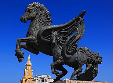 Puerta del Reloj Tower and Horse Statue Monumento a los Pagasos, Muelle de los Pegasos City of Cartagena de Indias, Colombia, South America