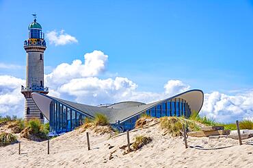 Old lighthouse and Teepott, the landmarks of Rostock-Warnemuende, Mecklenburg-Western Pomerania, Germany, Europe