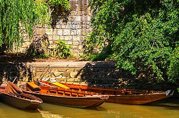 Punting barges, so-called Stocherkaehne on the banks of the Neckar river in Tuebingen, Baden-Wuerttemberg, Germany, Europe