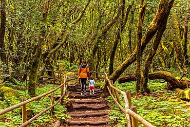 Mother and son trekking up some stairs on a path in the Garajonay natural park on La Gomera, Canary Islands