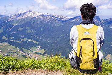 Hiking trail from Fellhorn, 2038m, to Soellereck, Allgaeu Alps, Bavaria, Germany, in the background the mountain Hoher Ifen, 2230m, Vorarlberg, Austria, Europe