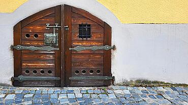 The historic gate is a landmark in the centre of the old town. Feuchtwangen, Franconia, Bavaria, Germany, Europe