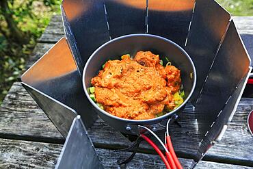 Chicken Tikka Masala, ready meal and fresh ingredients in a cooking pot, camping cooker with windbreak, gas cooker, outdoor cooking, outdoors, England, Great Britain