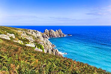 Treen cliffs, view from South West Coast Path, coastline at Treen, St Levan, Penwith, Cornwall, England, United Kingdom, Europe