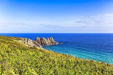 Treen Cliffs, South West Coast Path, Coastline at Treen, St Levan, Penwith, Cornwall, England, United Kingdom, Europe