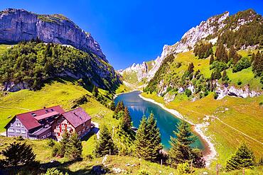 Faehlensee with Bollenwees mountain inn in the Alpstein, Appenzell Alps, Canton Appenzell Innerrhoden, Switzerland, Europe