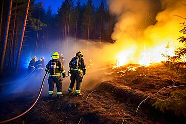 Firefighters fighting a forest fire, night shot, blazing flames, AI generated