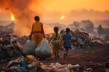 Indian children collect rubbish at a landfill site, AI generates