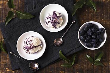 Top view homemade ice cream with blueberries