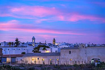 Town view Conil at dusk, Conil de la Frontera, Costa de la Luz, Andalucia, Spain, Europe