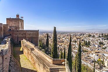 View from the castle complex of the Alhambra to the former Moorish residential quarter Albaicin in Granada, Andalusia, Spain, Europe