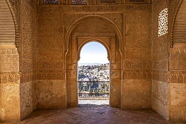 Palacio de Generalife window overlooking Granada, World Heritage Alhambra in Granada, Andalucia, Spain, Europe