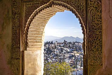 Palacio de Generalife window overlooking Granada, World Heritage Alhambra in Granada, Andalucia, Spain, Europe