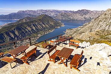 Viewing platform of the Horizont restaurant with a view over the Bay of Kotor, Montenegro, Europe