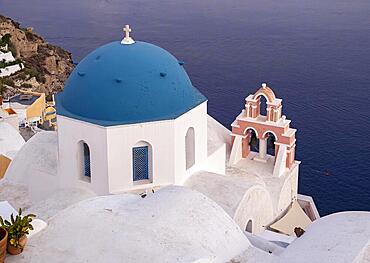 Blue-domed Orthodox Church of Anastasis, Resurrection of Lord, Ia, Oia, Santorini, Thira, Greece, Europe