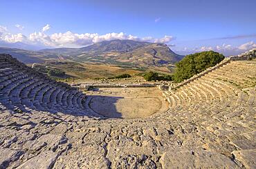 Evening light, Roman amphitheatre, empty tiers, Segesta, Ancient site, Archaeological site, Doric, Trapani province, Sicily, Italy, Europe