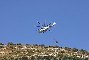 Helicopter, helicopter, fire-fighting helicopter, fire, helicopter flies over mountainside, Georgioupolis, Crete, Greece, Europe