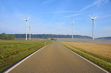 Road, wind turbines, Morgen, Altertheim, Wuerzburg, Bavaria, Germany, Europe