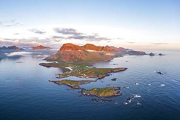 Fishing village Hovden, coast, fjords and mountains, Langoya island, Vesteralen archipelago, Norway, Europe