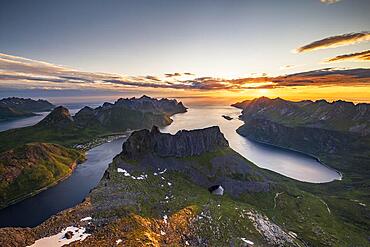 View over Senja's fjords and mountain peaks under the midnight sun, Mount Grytetippen, Senja, Norway, Europe