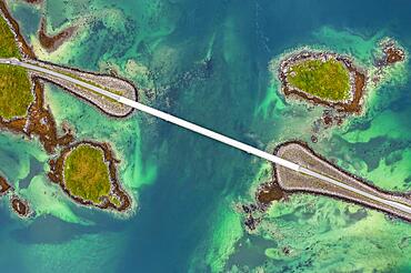 Aerial view of a bridge between islands, Fredvang, Lofoten, Norway, Europe