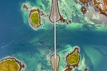 Aerial view of a bridge between islands, Fredvang, Lofoten, Norway, Europe