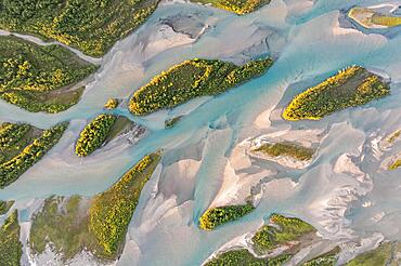 Aerial view, river delta with islands, river Glomaga, Mo i Rana, Norway, Europe