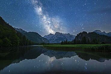 Milky Way over Almsee, Reflection, Totes Gebirge, Gruenau, Almtal, Salzkammergut, Upper Austria, Austria, Europe