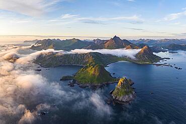 Coast, fjords and mountains, Mount Trehyrna, near Nykvag, Langoya island, Vesteralen archipelago, Norway, Europe