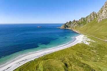 White sandy beach and mountains near Bleik, Andoya Island, Vesteralen, Norway, Europe