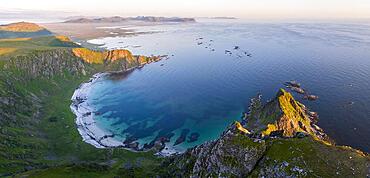 View from Mount Matinden of sandy beach and rocky coast, Bleik, Andoya Island, Vesteralen, Norway, Europe